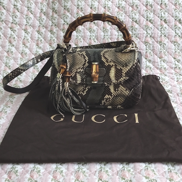 NWT Limited edition Gucci Python bamboo top handle bag exotic snakeskin strap - Picture 5 of 17